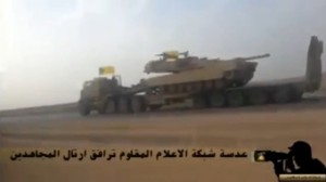 Hezbollah terrorists seen towing US Abrams MI tanks to battle. Photo: screenshot Longwarjournal.com.