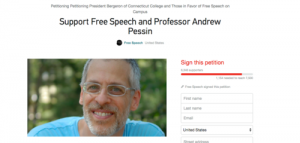 A change.org petition on the free speech rights of Connecticut College philosophy professor Andrew Pessin. SJP accused Pessin of having "directly condoned the extermination of a people." Photo: Screenshot of change.org.