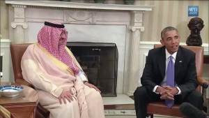 President Obama with Saudi Crown Prince Mohammed Bin Nayef. The Saudi regime sides with Israel's stance on Iran and considers the Jewish state considers its most effective ally in the face of a potential self-destructive U.S. agreement with the ayatollahs. Photo: Screenshot.