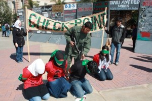  A mock checkpoint erected during "Israeli Apartheid Week," an annual anti-Israel showcase, in May 2010 on the University of California, Los Angeles (UCLA) campus. Photo: AMCHA Initiative.