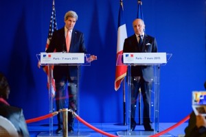 U.S. Secretary of State John Kerry (left) addresses reporters during a joint news conference with French Foreign Minister Laurent Fabius (right) in Paris on March 7, 2015, following a bilateral meeting focused on the nuclear negotiations with Iran and other regional issues. Photo: U.S. State Department.