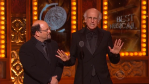 Larry David (R) alongside Jason Alexander complains about antisemitism snubbing him, Harvey Weinstein, Tony nods this year. Photo: Screenshot. 