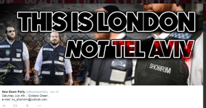 A picture from the New Dawn Party Twitter handle, calling for a demonstration against Jewish Shomrim patrols.  Photo: Screenshot.