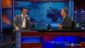 Jon Stewart and Jon Hamm made minyan-minions jokes on the Daily Show on Tuesday. Photo: Screenshot.