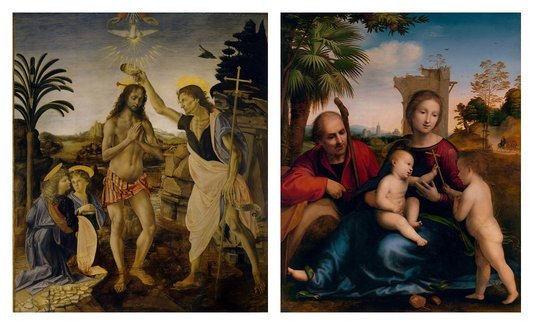 Baptism of Christ by Andrea del Veracchio-Wikimedia.. Holy Family Flight to Egypt. Photo: Fra Bartolomeo, Wikimedia.
