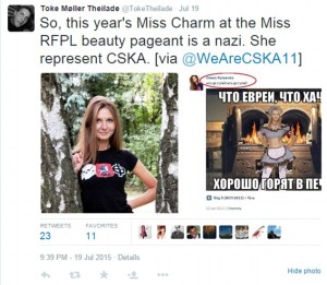 Russian 'Miss Charming' Olga Kuzkova stripped of her title after she posts racists photos to social media. 