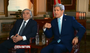 Secretary of State John Kerry (R) and Secretary of Energy Ernest Mofiz defend the nuclear deal with Iran on CBS Face the Nation. Photo: Screenshot. 
