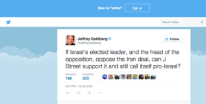 Well-known Jewish journalist Jeffrey Goldberg tweets, “If Israel’s elected leader, and the head of the opposition, oppose the Iran deal, can J Street support it and still call itself pro-Israel?” Photo: Twitter.