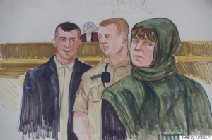 In this artist's sketch, John Nuttall (left) and Amanda Korody appear in court in Vancouver, Monday. Feb.2, 2015. Nuttall and Korody were arrested in July 2013 and charged with four counts, including conspiring to commit murder and conspiring to place explosives on behalf of a terrorist group. Photo: THE CANADIAN PRESS/Felicty Don