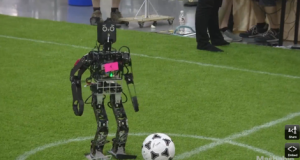 A U.S. team robot beat its Iranian counterpart in the annual Robocup soccer tournament in Hefei, China. Photo: Sceenshot from Mashable.com video.