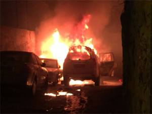 A Border Guard jeep was set aflame by Palestinian terrorists in Jerusalem. PHOTO: Channel 2 News.