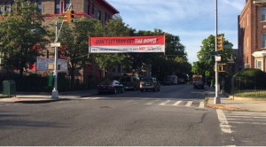 A banner calling for Congresswoman Yvette Clarke to oppose the Iran nuclear deal. 