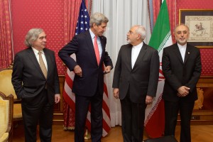 Nuclear negotiatons in Lausanne in March, leading up to the nuclear deal. From left to right: Ernest Moniz, John Kerry, Mohammad Javad Zarif, and Ali Akbar Salehi. Photo: Wikipedia.