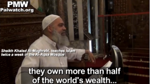 A video of Sheikh Khaled Al-Mughrabi making claims about Jewish control of the global pharmaceutical industry. Photo: Palestinian Media Watch.
