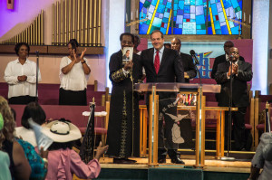 COGIC Bishop P.A. Brooks with The Fellowship Founder and President Rabbi Yechiel Eckstein. Photo: Justin McMahan /  Detroit's New St. Paul Tabernacle.