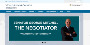 The World Affairs Council of Houston's website promotes its Sept. 23 event with George Mitchell, which conflicts with both Yom Kippur and Eid al-Adha. Photo: World Affairs Council website.