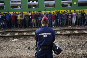 Refugees demonstrate at the platform of the Budapest Keleti railway station in Hungary on Sept. 4, 2015. Photo: Wikimedia Commons.