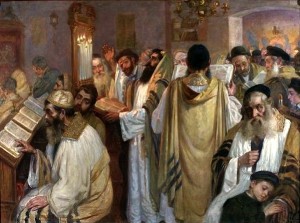 Jews praying at a synagogue on the eve of Yom Kippur. Graphic: Wikimedia Commons.