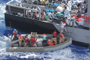 Muslim migrants off the coast of Malta. Photo: US Navy via Wikimedia Commons.