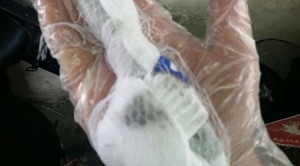Magav officers were able to foil a potential terrorist attack in Jerusalem after they found a knife hidden in a sock (pictured) under the passenger seat of a minibus making its way to the capital from a Palestinian refugee camp. PHOTO: Israeli Police spokesperson.