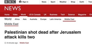 A BBC News headline that mislead readers about a fatal stabbing attack in Jerusalem. Photo: Screenshot from BBC News via Honestreporting.com