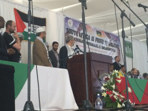 Hamas political chief Khaled Mashaal addressed a government-endorsed Hamas rally in South Africa on Wednesday. Photo: Elder of Ziyon.