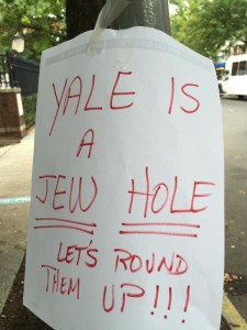 This antisemitic sign targeting Jews at Yale University was posted in New Haven, Conn. Photo: Twitter.