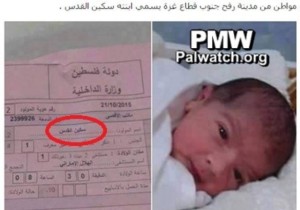 Photo of Palestinian baby Knife of Jerusalem with birth certificate.. Photo: Palestinian Media Watch.