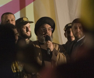 Hassan Nasrallah, leader of the Lebanese terror group Hezbollah, makes a rare public appearance in a suburb of Beirut in July 2008. The current "garbage crisis" in Lebanon sheds light on Hezbollah's current dual priorities of fighting in the Syrian civil war and influencing domestic Lebanese politics. Photo: Ferran Queved/Flash90.