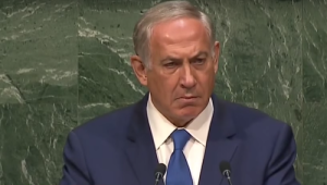 Prime Minister Benjamin Netanyahu stares down the United Nations General Assembly on Thursday. Photo: YouTube screenshot.