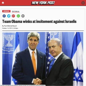 In an editorial, the New York Post accuses the Obama Administration of 'winking' at Palestinian terror incitement against Israelis. PHOTO: Website screenshot.