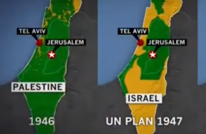 The first MSNBC map on the left shows a state called Palestine covering the British Mandate in 1946, which Martin Fletcher went back on the air to correct. Photo: YouTube Screenshot