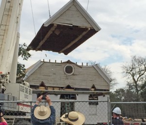 The roof of the formerly Brenham, Texas-based B'nai Abraham Synagogue building is re-assembled on the Dell Jewish Community Campus in Austin. Photo: Julie Zweig.
