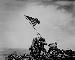 Iranians made a mocking reproduction of the iconic image of US Marines raising the American flag at Iwo Jima. PHOTO: Wikipedia.