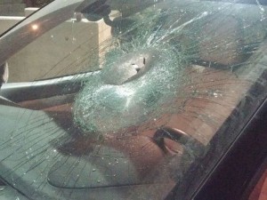 An Israeli car hit by rocks on Tuesday. Photo: Samaria Regional Council.