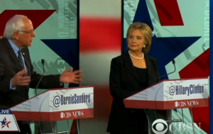 Democratic presidential candidates Bernie Sanders and Hillary Clinton, during the CBS debate. Photo: Screenshot.