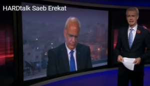 BBC's "Hardtalk" interview with Saeb Erekat. Photo: Screenshot.