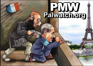 A cartoon posted on the Facebook page of the Palestinian Fatah faction that blames Israel and its prime minister, Benjamin Netanyahu, for the Paris attacks. Photo: Palestinian Media Watch.