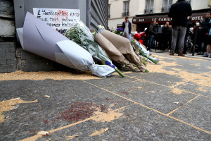 The Le Petit Cambodge restaurant with a makeshift memorial of flowers, the day after the November 13 terror attacks in Paris. Photo: Wikipedia. 