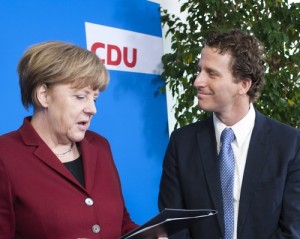 German Chancellor Angela Merkel meets ELNET's founder and director general, Raanan Eliaz. Photo: Courtesy ELNET.