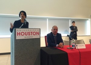 University of Houston Chancellor and President Rhenu Khator (left) speaks at an Oct. 20 event in Houston that featured Yuval Steinitz (center), Israel's minister of infrastructure, energy, and water. Photo: Israel Trade & Economic Office U.S. Southern Region.