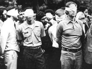 US Embassy staff in Tehran in 1979, as they were taken hostage by Ayatollah Khomeini loyalists. Photo: Wikipedia.