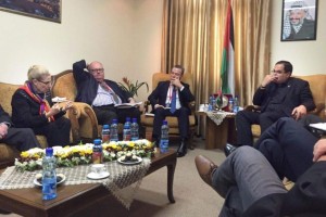 Bronwyn Bishop, left, quizzes Palestinian Education Minister Sabri Saidam (right), as Christopher Pyne (center) listens during a meeting in Ramallah. Photo: Tim Wilson's Twitter feed. 