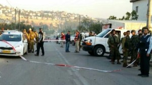 The aftermath of the car-ramming attack at Beit Aryeh in Samaria on Thursday afternoon. Photo: Magen David Adom.
