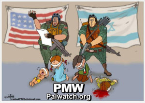 The Fatah cartoon portraying U.S. support for Israeli "executions" of Palestinian children. Photo: Palestinian Media Watch.