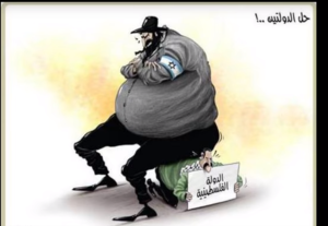 Caricature of a Jewish man sitting on a Palestinian who holds a sign that reads. "the Palestinian state" 