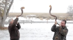 A screenshot of the video Blaine Cooper posted on Facebook of him and a friend blowing shofars. Photo: Screenshot.