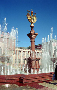 A giant menorah in Birobidzhan, the administrative center of the Autonomous Jewish Oblast in Far East Russia. Photo: Wikipedia