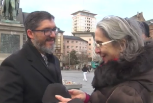 Strasbourg  Chabad Rabbi Mendel Samama handing out kippot to passersby to show solidarity with Jewish people. Photo: Screenshot