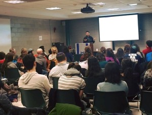  Jonathan Elkhoury, a Lebanese refugee living in Israel, speaks at State University of New York, Binghamton, on Feb. 8. Photo: Courtesy CAMERA.
